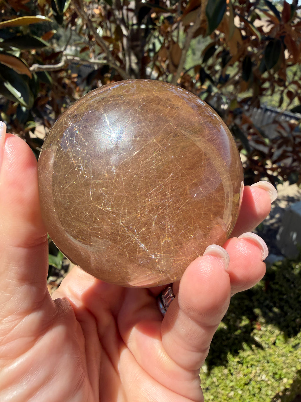 Smokey Rutilated Quartz Sphere with Shooting Star Golden Rutile — Brazil (Item No. 12)