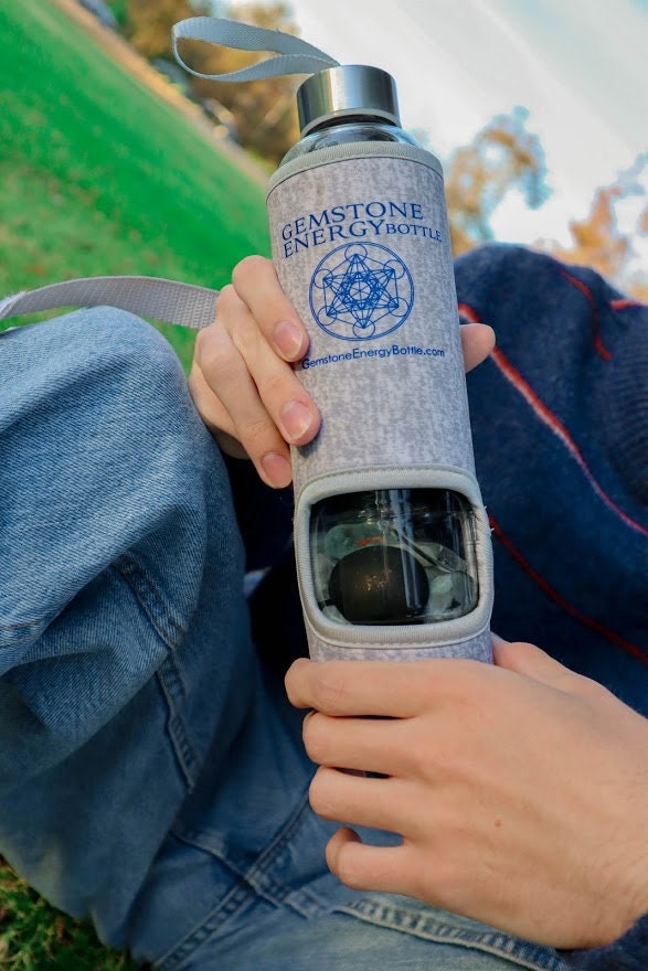 Gemstone Crystal Water Bottle ~ Includes Gemstones, Neoprene Cover and Top Strap