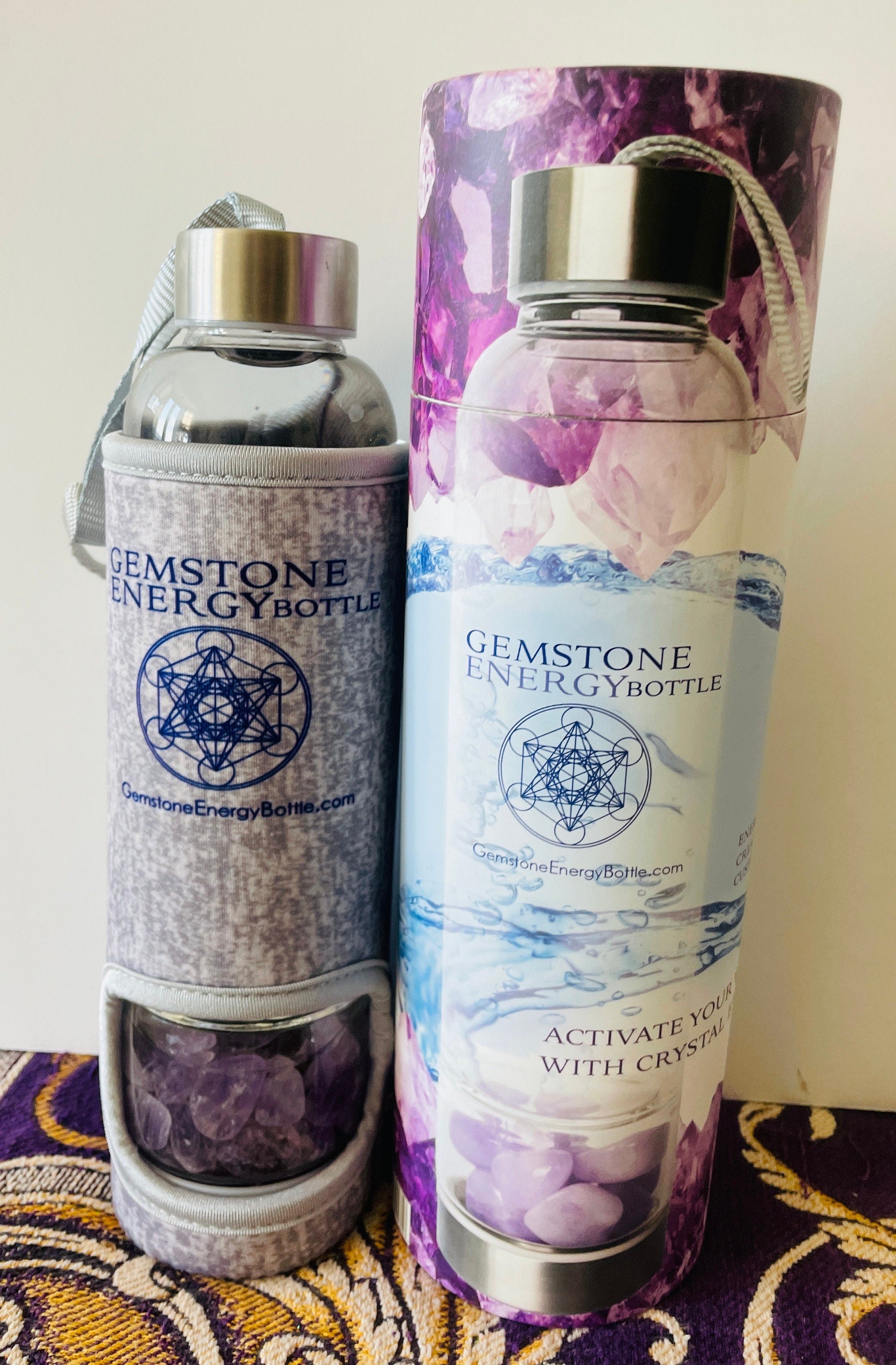 Gemstone Crystal Water Bottle ~ Includes Gemstones, Neoprene Cover and Top Strap