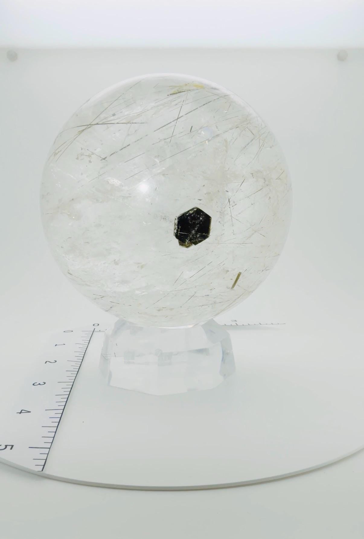 Rare Large Multi-Inclusion Quartz Sphere — Black Tourmaline, Rutile, Calcite & Green Tourmaline, Brazil (Item No. 9)