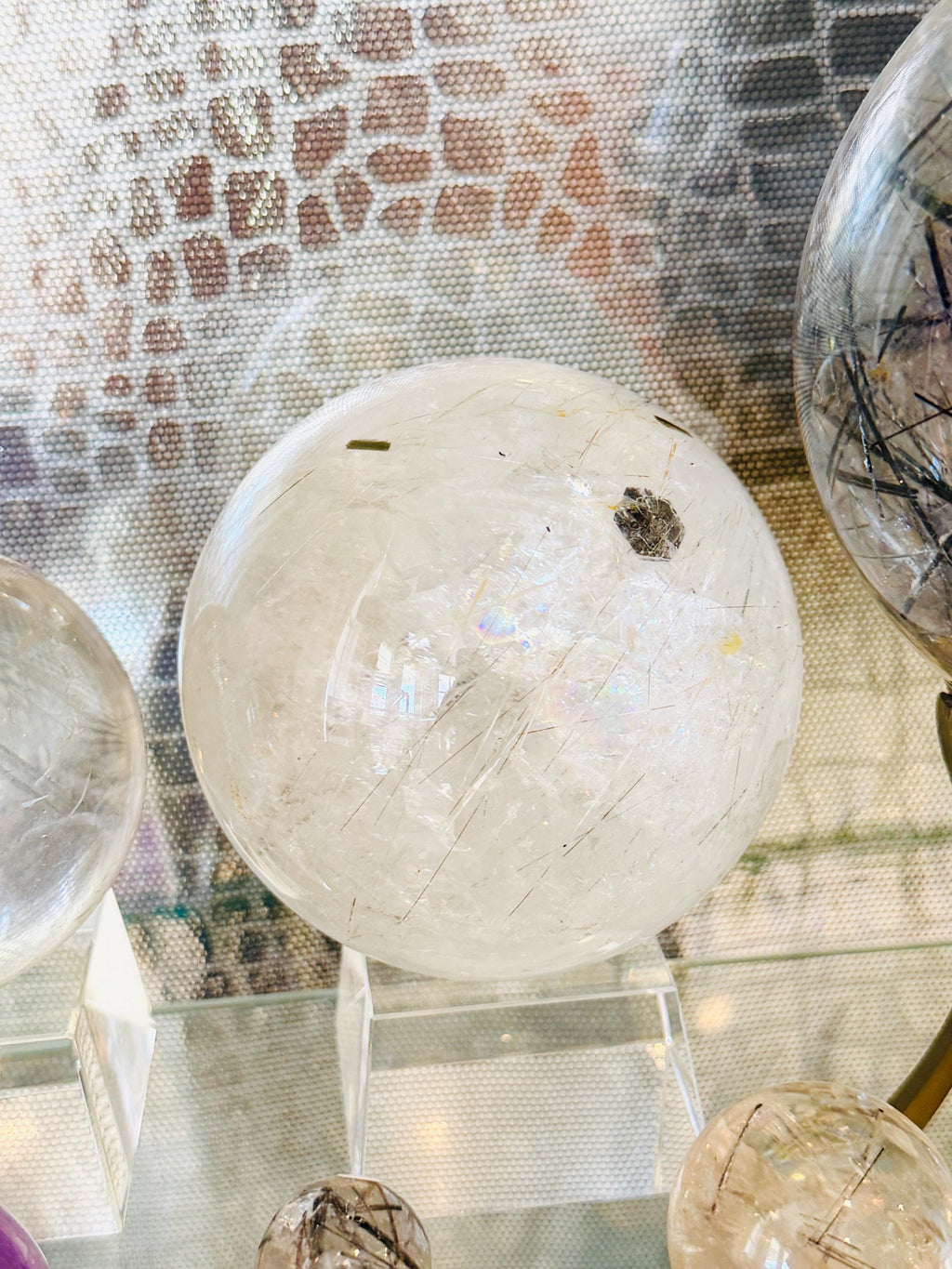 Rare Large Multi-Inclusion Quartz Sphere — Black Tourmaline, Rutile, Calcite & Green Tourmaline, Brazil (Item No. 9)