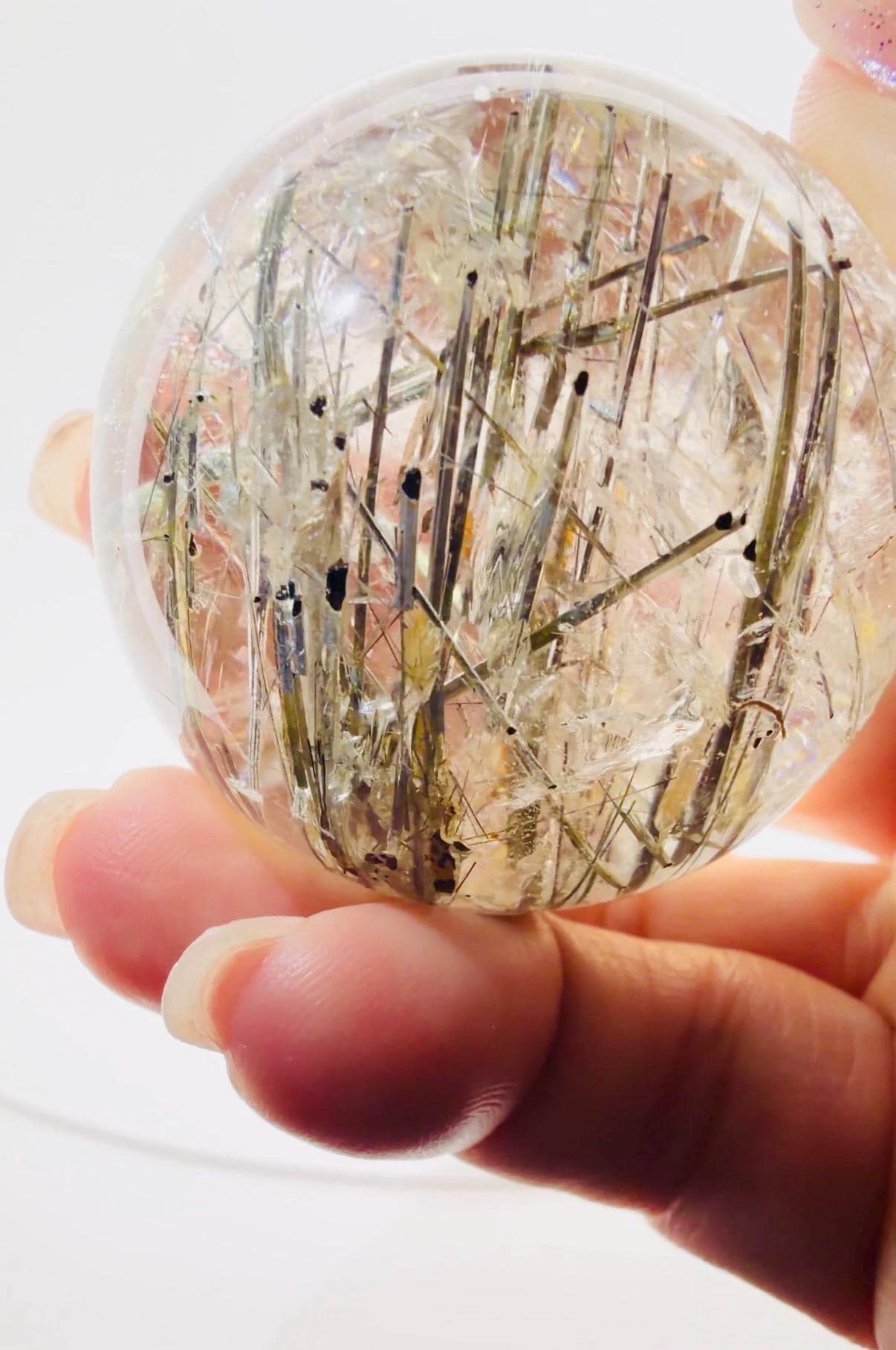 Quartz Sphere with Black Tourmaline & Iron Inclusions — Dense Crystal Ball, Brazil (Item No. 23)
