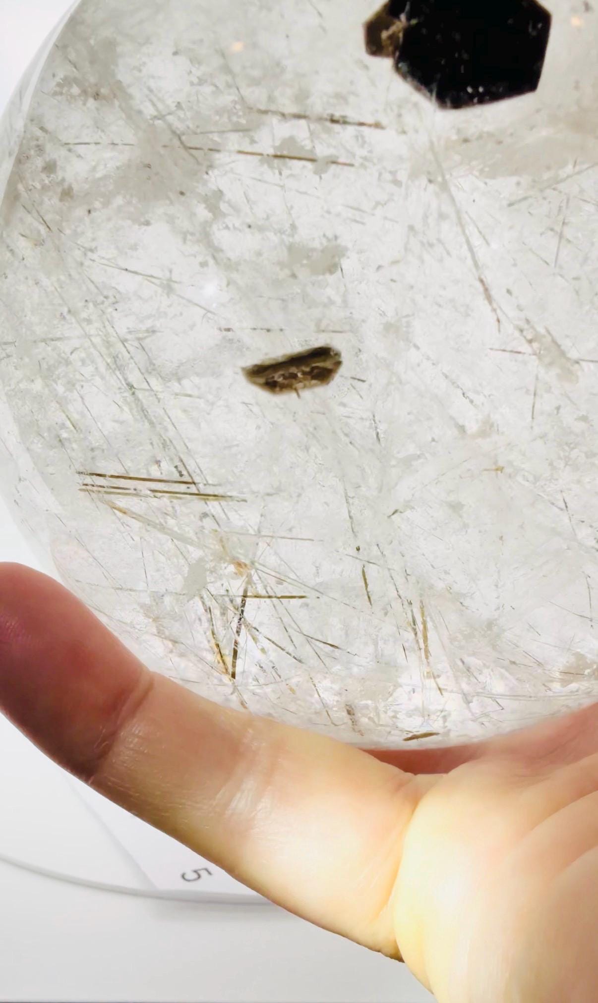 Rare Large Multi-Inclusion Quartz Sphere — Black Tourmaline, Rutile, Calcite & Green Tourmaline, Brazil (Item No. 9)