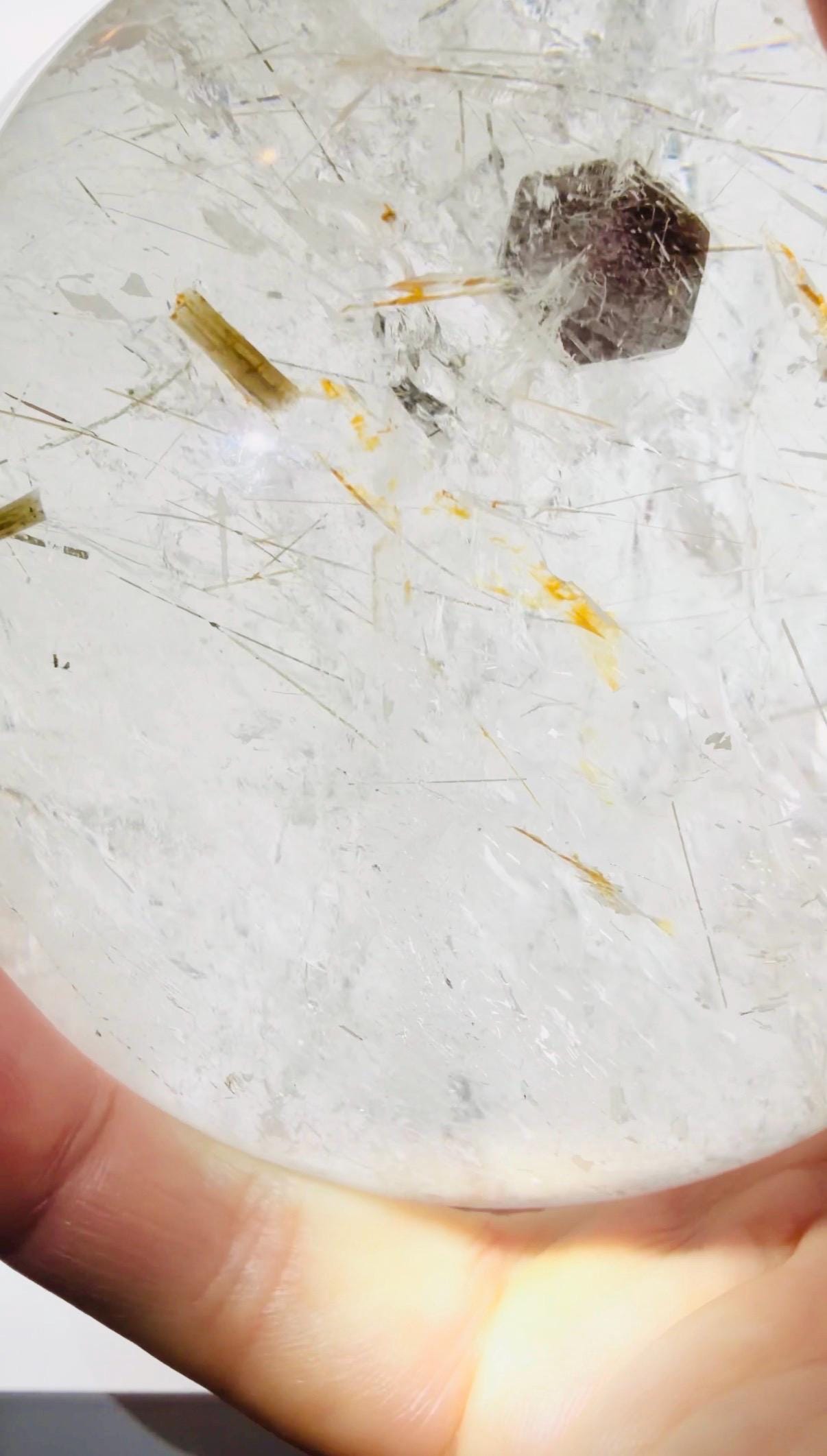 Rare Large Multi-Inclusion Quartz Sphere — Black Tourmaline, Rutile, Calcite & Green Tourmaline, Brazil (Item No. 9)
