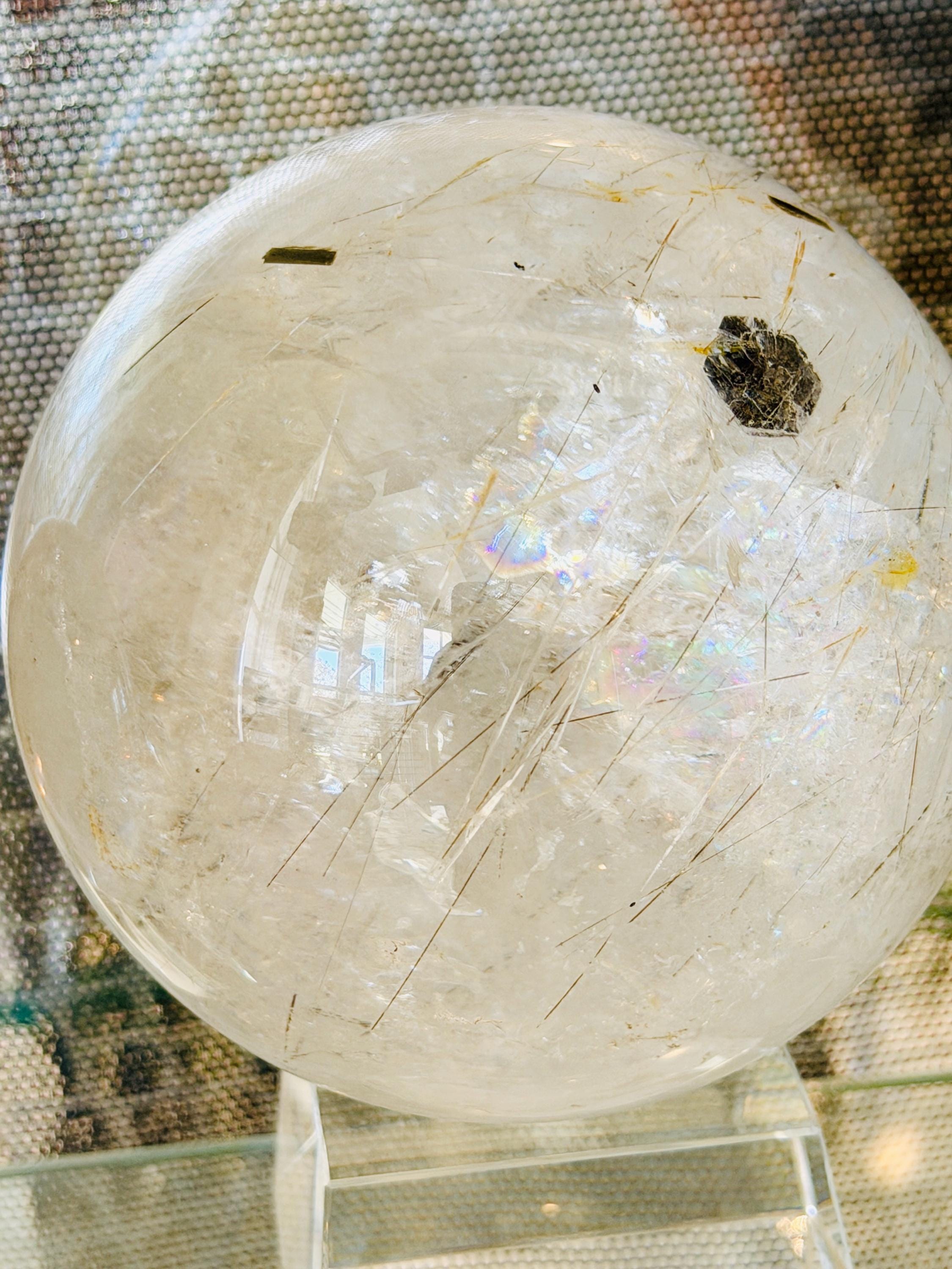 Rare Large Multi-Inclusion Quartz Sphere — Black Tourmaline, Rutile, Calcite & Green Tourmaline, Brazil (Item No. 9)
